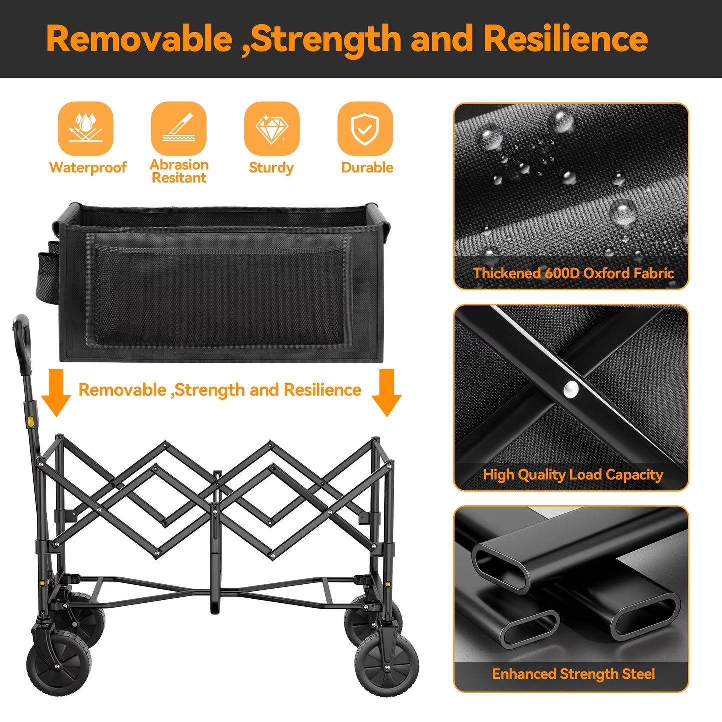 Vecukty Collapsible Folding Wagon,Portable Utility Wagon Cart for Outdoor Camping, Shopping, Sports, Grocery, Kids, Black