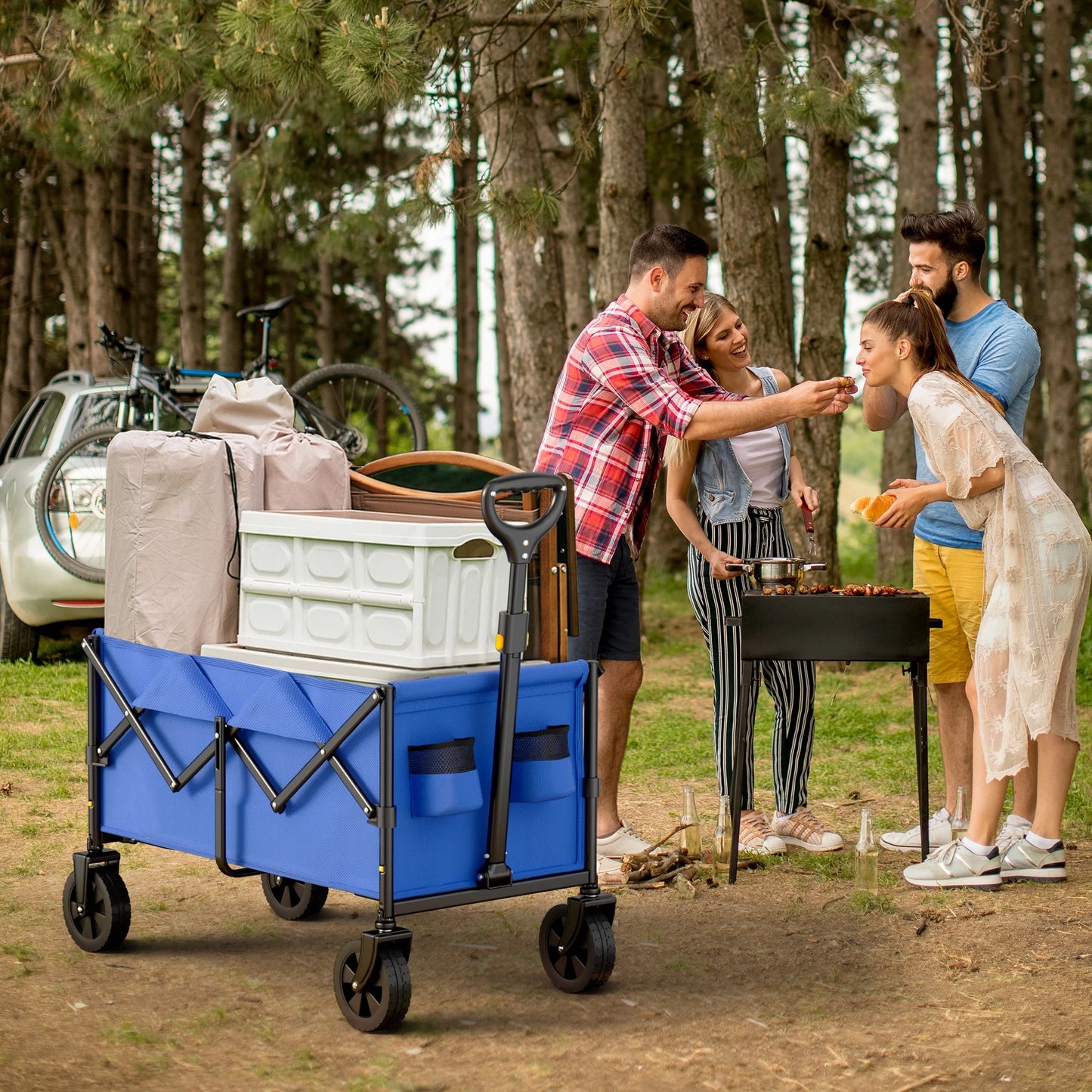 Vecukty Collapsible Folding Wagon,Portable Utility Wagon Cart for Outdoor Camping, Shopping, Sports, Grocery, Kids, Blue