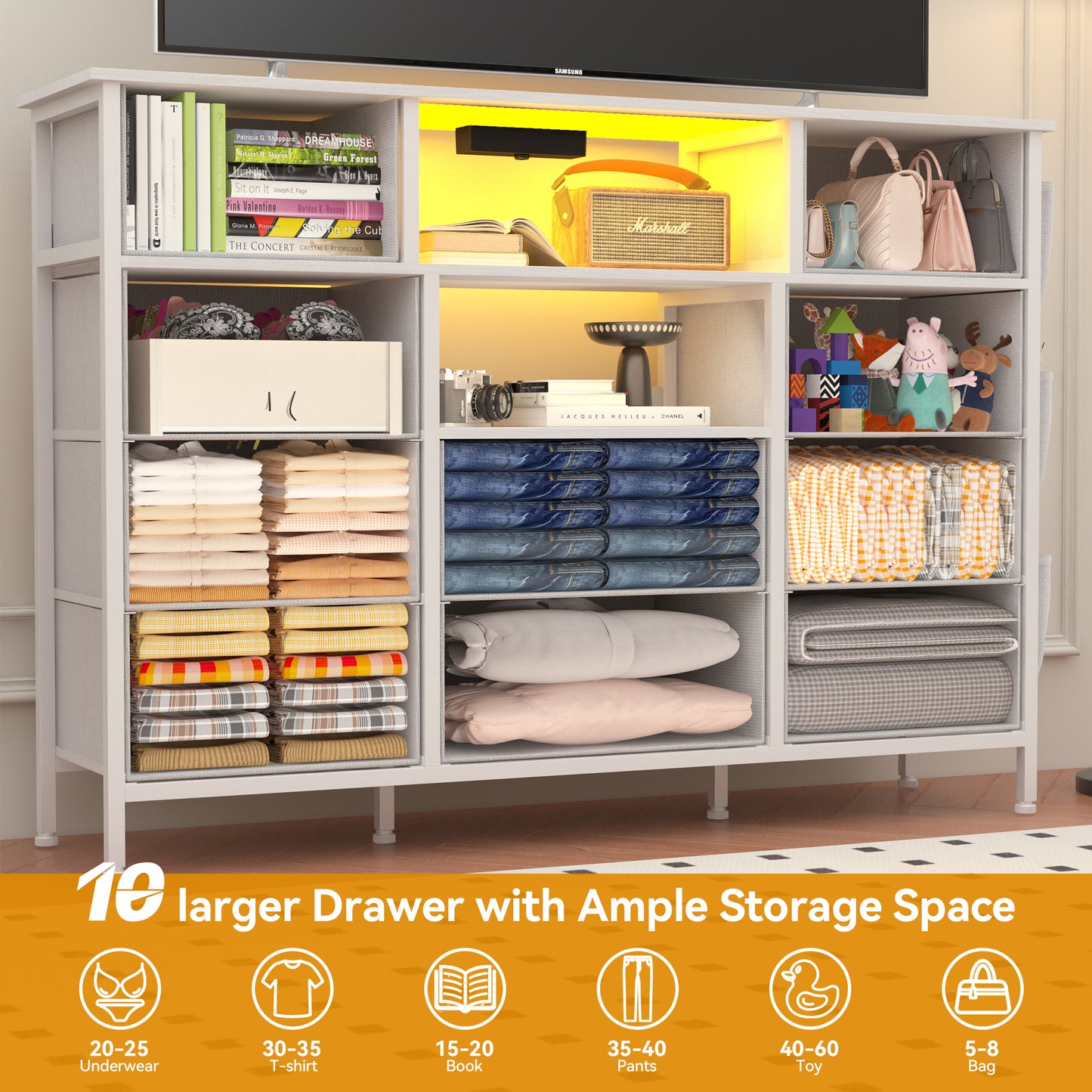 Eunon Dresser TV Stand with 10 Drawers for 55" TV Stand with LED Lights & Power Outlets Wide Dresser with Shelves & Side Pockets for Bedroom , White