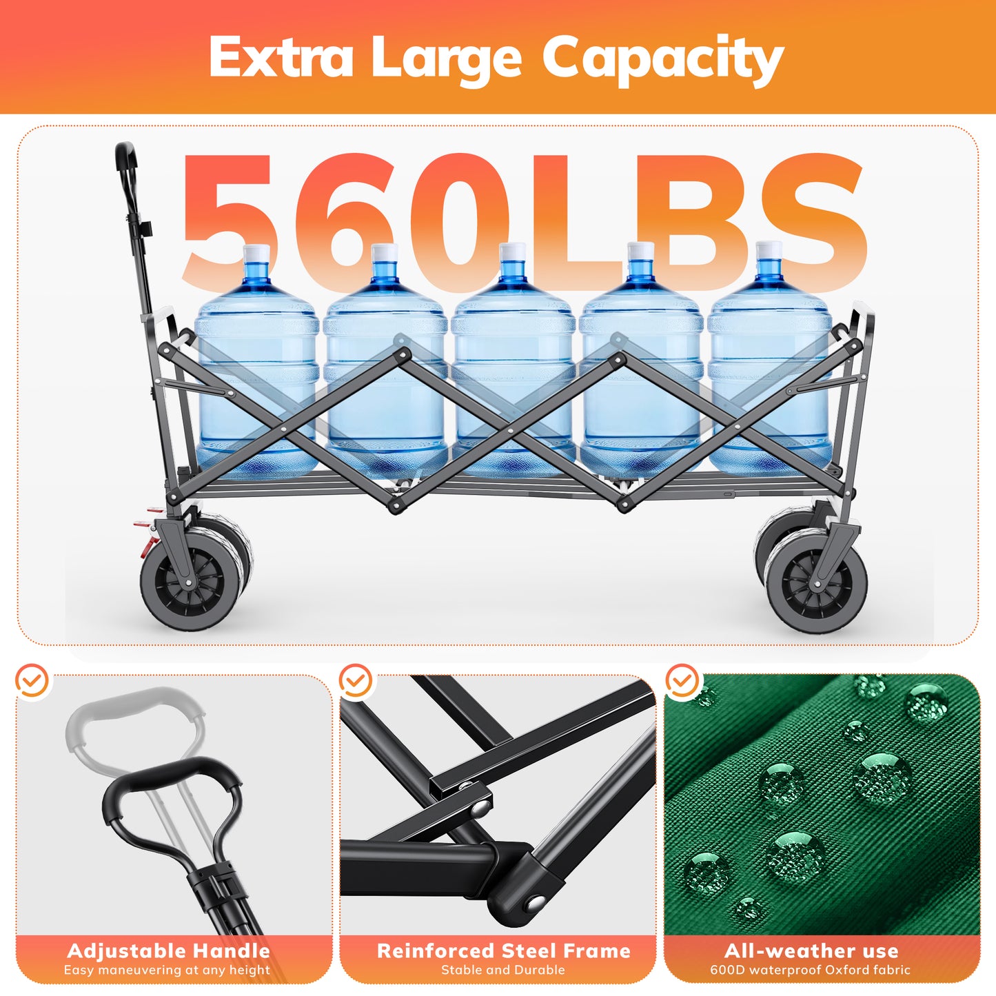 Vecukty 51.2" Large Collapsible Folding Wagon Cart, 560 lbs Load Capacity, Heavy-Duty Steel Frame & Oversized Wheels for Grocery Shopping, Camping, Sports, Moving –Green