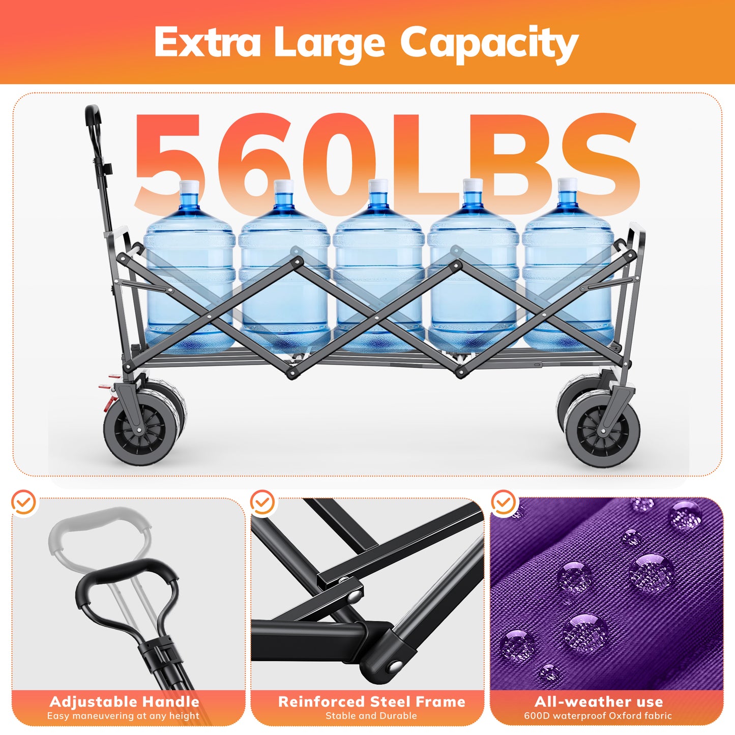 Vecukty 51.2" Large Collapsible Folding Wagon Cart, 560 lbs Load Capacity, Heavy-Duty Steel Frame & Oversized Wheels for Grocery Shopping, Camping, Sports, Moving – Purple