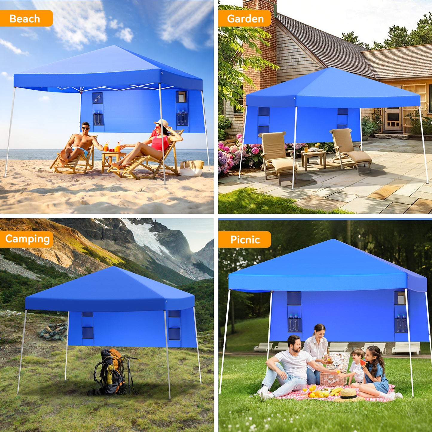 Vecukty 8ft x 8ft Top/10ft x 10ft Base Pop up Canopy Tent With Four Storage Bags For Garden,Beach Instant Tent Carry Bag,Blue