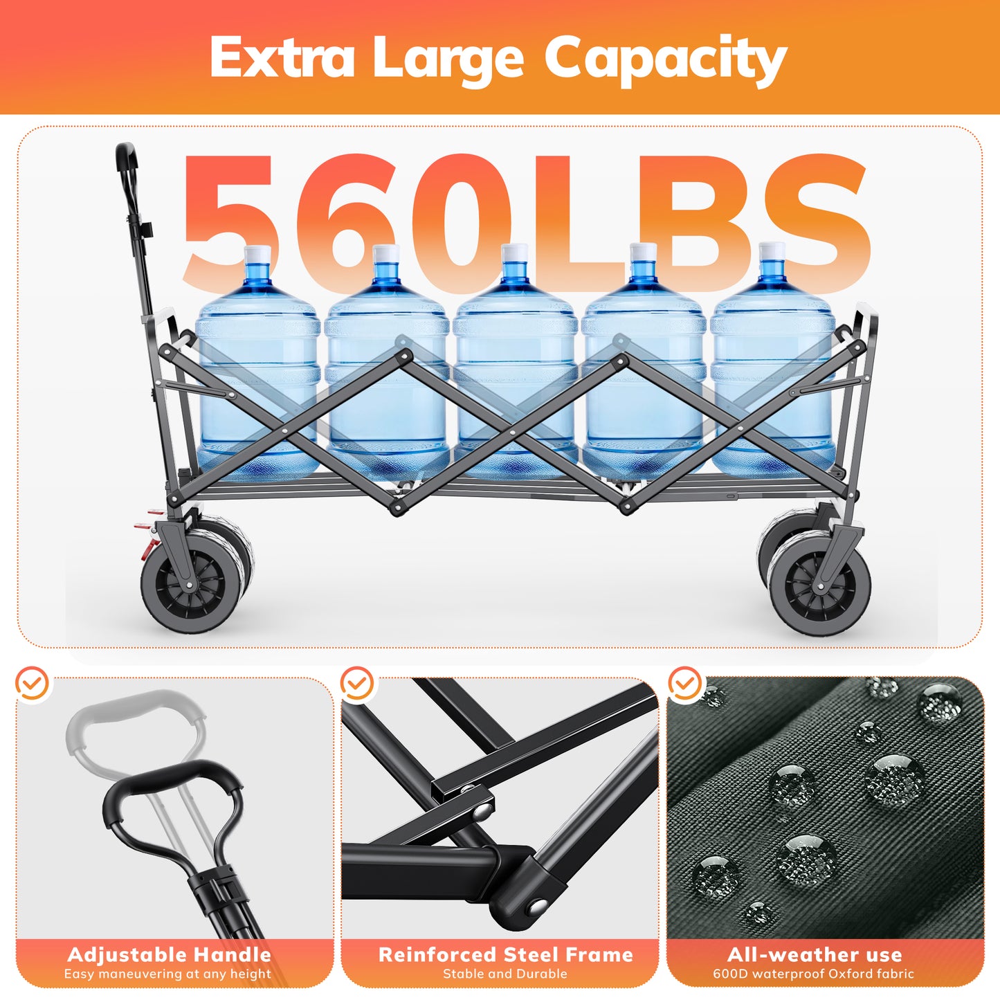 Vecukty 51.2" Large Collapsible Folding Wagon Cart, 560 lbs Load Capacity, Heavy-Duty Steel Frame & Oversized Wheels for Grocery Shopping, Camping, Sports, Moving – Gray