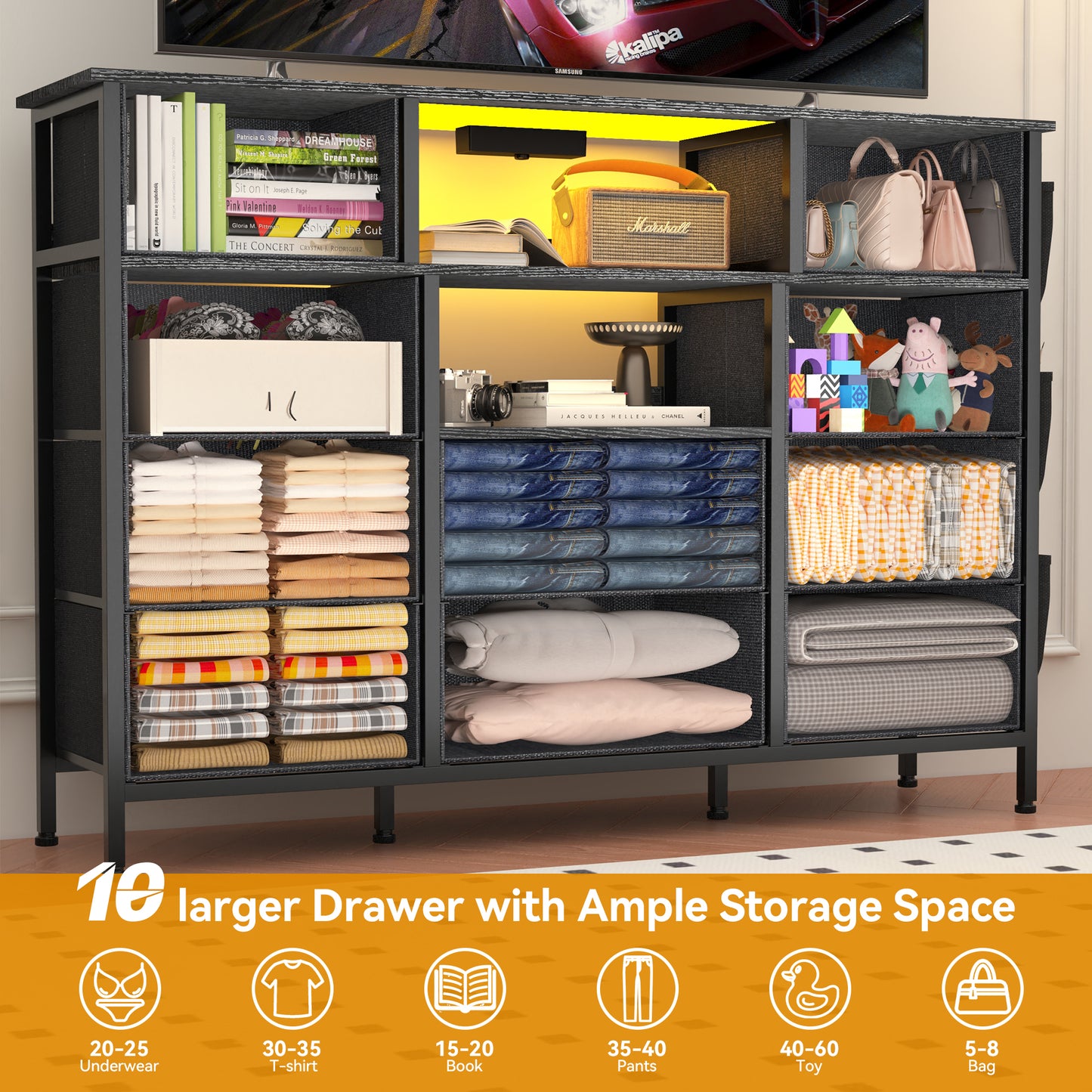 Eunon TV Stand with 10 Drawers, LED Lights, Power Outlets, Shelves, Side Pockets, Black, Fits TVs up to 55 Inches