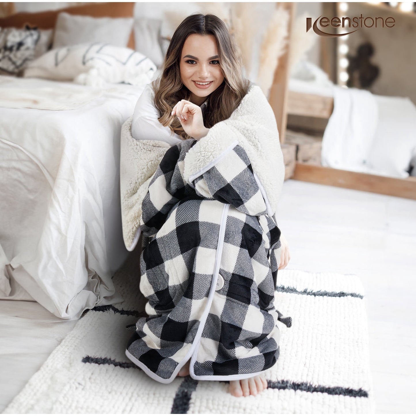 Wearable Electric Heating Blanket with Waistband and Sleeves - VECUKTY Cozy Plaid Heated Throw with 6 Heat Levels and Timer Settings - 50 x 70 inch,Gray