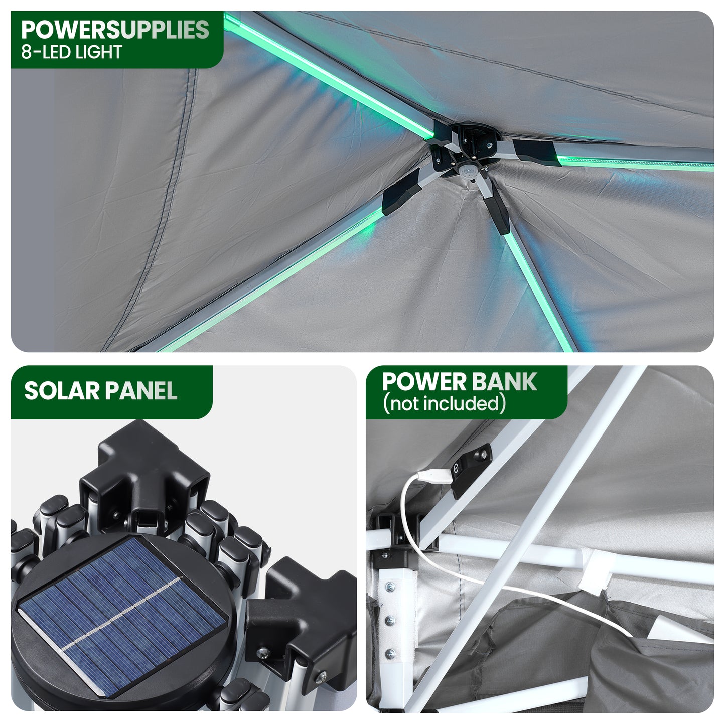 Vecukty 10x10ft Pop Up Canopy Tent with Removable Mesh Mosquito Sidewalls, Remote-Controlled 8-Color LED Lights ,Instant Outdoor Shelter Gazebo Tent,Gray