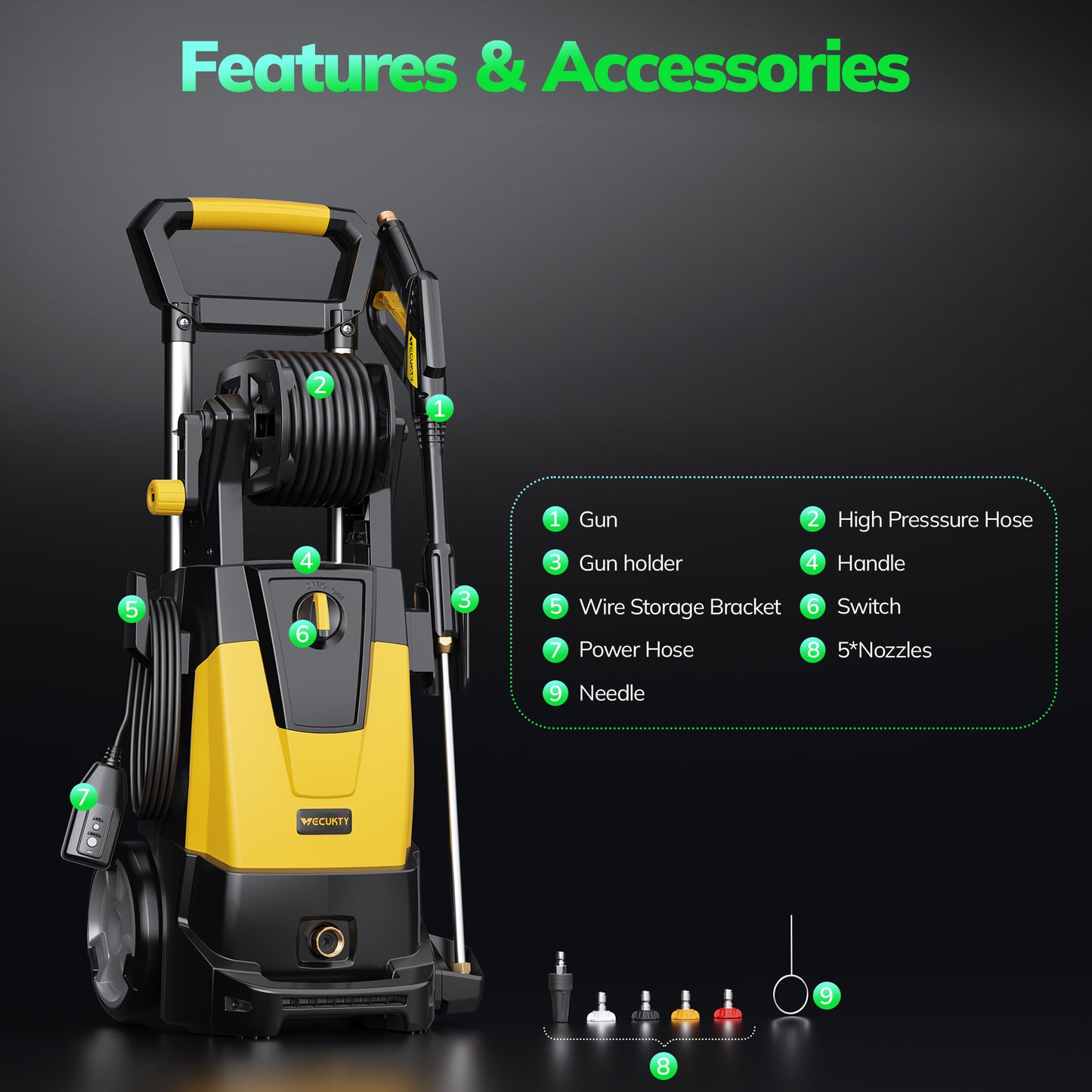 VECUKTY Electric Pressure Washer,4500 PSI Max 3.2 GPM Power Washer with 35FT Cord,20FT Hose,Retractable Handle,5 Quick Nozzles,Foam Cannon for Car Garden Patio