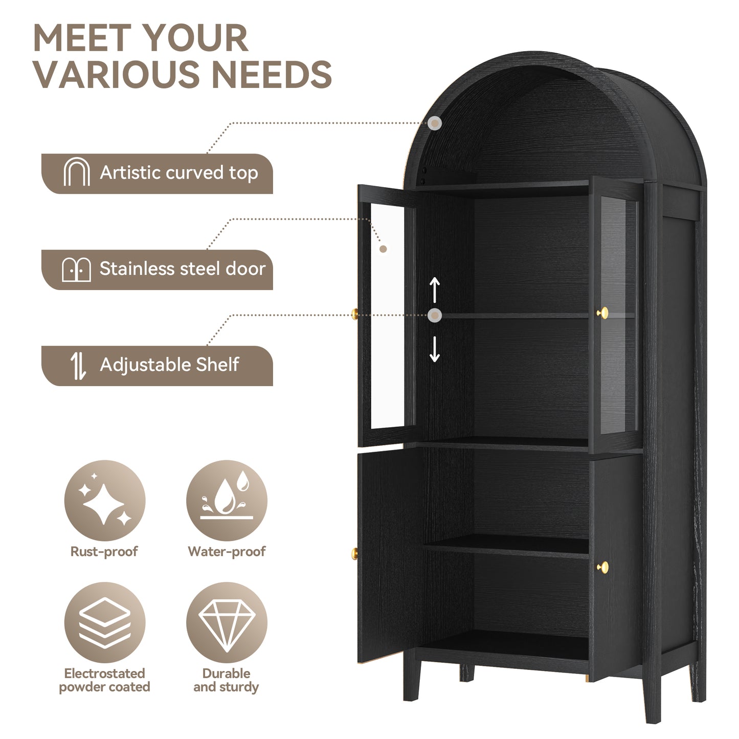 Eunon Tall Arched Storage Display Cabinet,Arched Storage Cabinet With Doors Black Oak