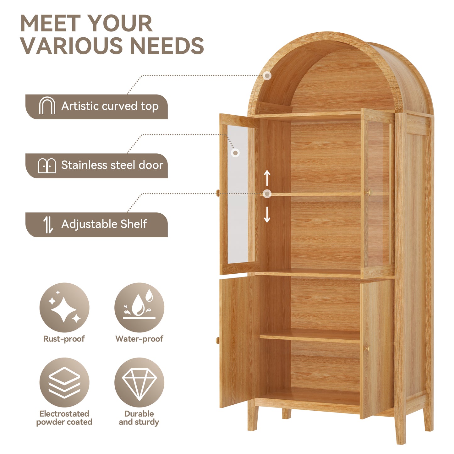 Eunon Tall Arched Storage Display Cabinet,Arched Storage Cabinet With Doors Retro Oak