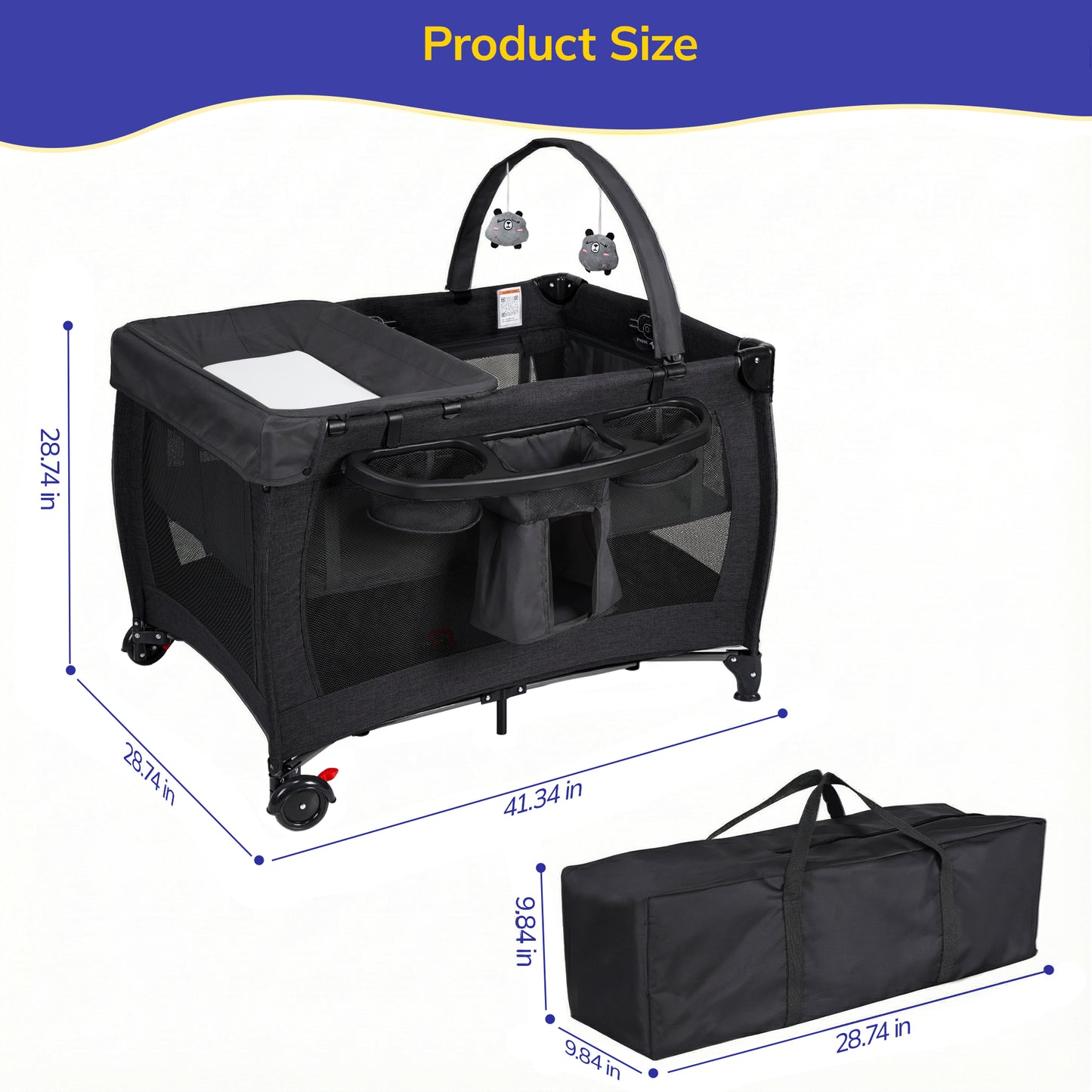 SACVON Baby Playard with Detachable Infant Bassinet and Changing Table, Foldable Travel Play Yard with Storage Basket and Wheels,Black