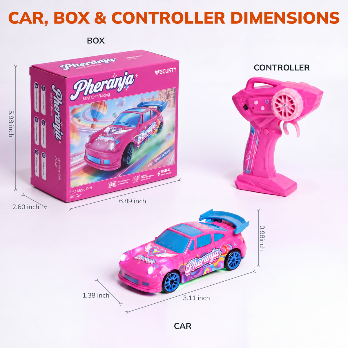 Vecukty 1:64 Pink Mini RC Drift Race Car, Heart Wing Graffiti with Blue Spoiler Remote Control Vehicle