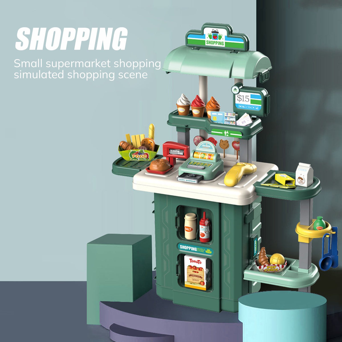 Vecukty 38Pcs Pretend Play Supermarket Set for Kids, Toy Shopping Cart with Food Accessories, Cash Register Role Play Kit, Gift for Girls Boys