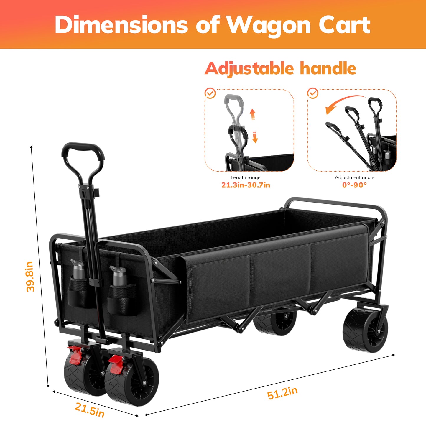 Vecukty 51.2" Large Collapsible Folding Wagon Cart, 560 lbs Load Capacity, Heavy-Duty Steel Frame & Oversized Wheels for Grocery Shopping, Camping, Sports, Moving – Black