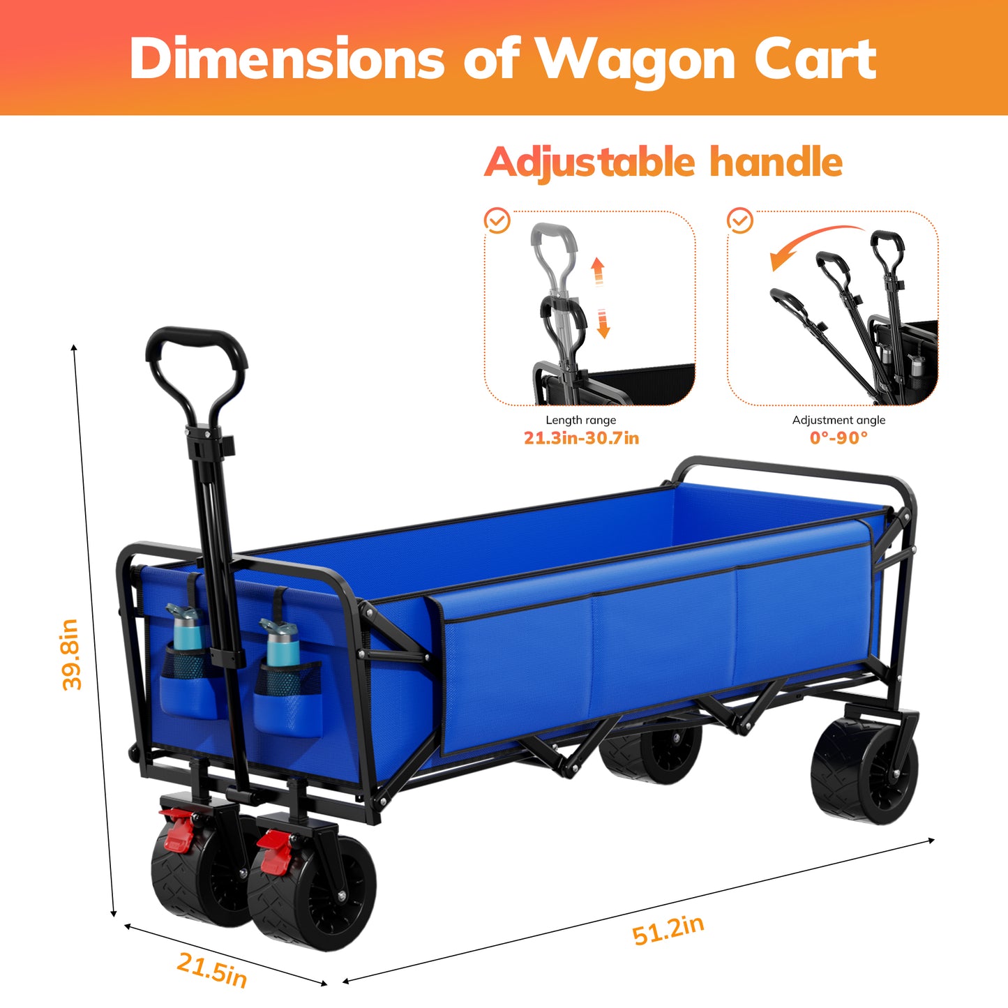 Vecukty 51.2" Large Collapsible Folding Wagon Cart, 560 lbs Load Capacity, Heavy-Duty Steel Frame & Oversized Wheels for Grocery Shopping, Camping, Sports, Moving – Blue