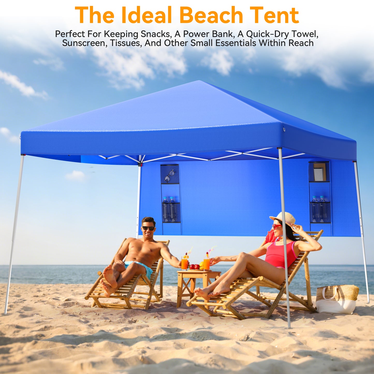 Vecukty 8ft x 8ft Top/10ft x 10ft Base Pop up Canopy Tent With Four Storage Bags For Garden,Beach Instant Tent Carry Bag,Blue