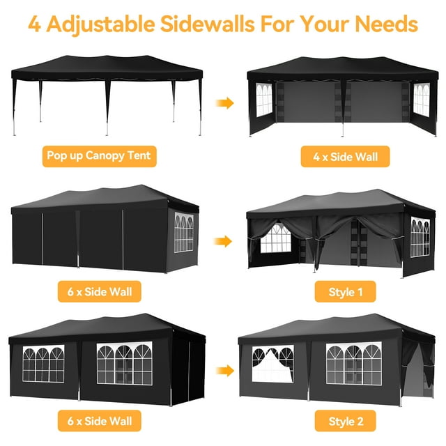 VECUKTY 10 x 20ft Pop up Canopy Tent with 6 Sidewalls, Wheeled Bag, Shelter for Outdoor Shade,Black