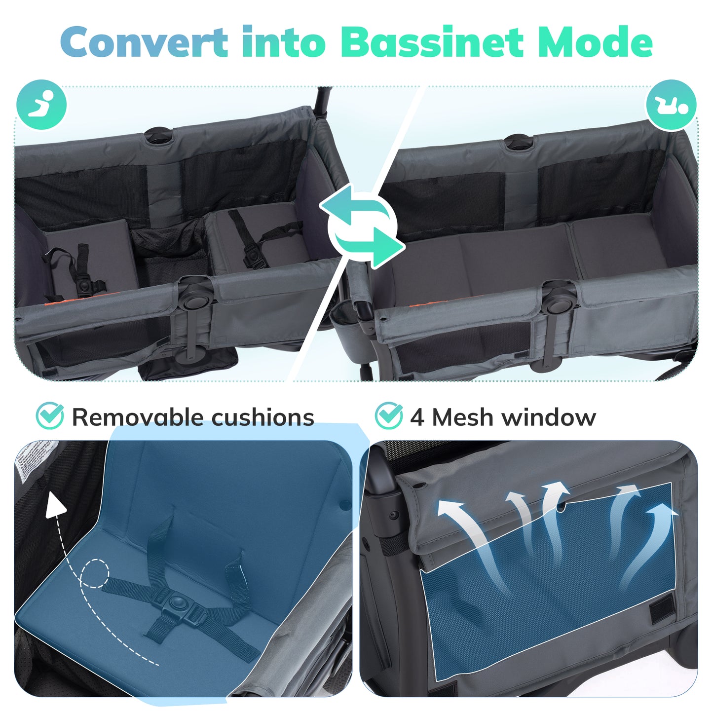 SACVON Baby Stroller Wagon for 2 Kids with Breathable Canopy,Parent Organizer,Removable Seat,2 Cup Holders,Gray