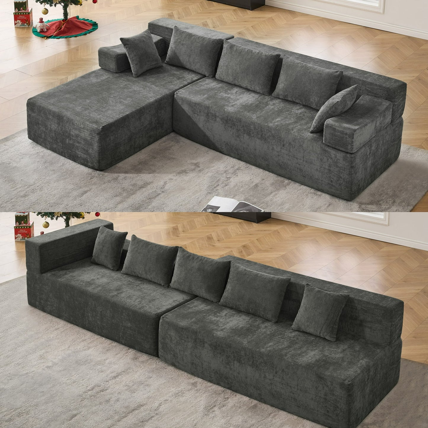 Eunon 105" Modular Sectional Sofa for Living Room, 3 Supportive Cushions & 2 Pillows, Dark Gray