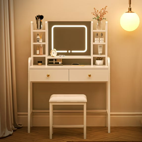 Eunon Vanity Desk with LED Lighted Mirror & Power Outlet, Makeup Table with Drawers & Adjustable Cabinet,Storage Stool,for Bedroom, Dressing Room,White