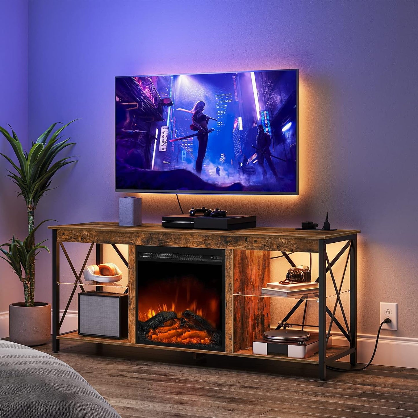 Fireplace TV Stand with Led Lights and Power Outlets, Media Entertainment Center Console Table with Shelves, Fireplace TV Console for TVs up to 55", Rustic Brown