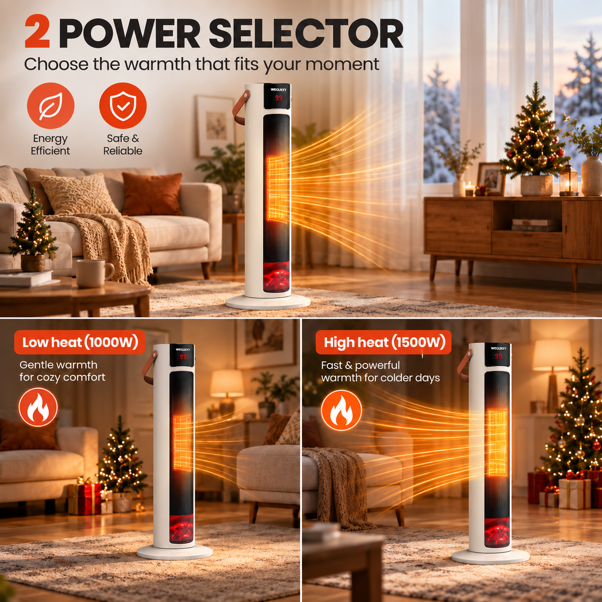 VECUKTY 26" Tower Space Heater with 3D Flame, 1500W Portable Electric Tower Electric Heater, 70 °Oscillation, 9H Timer,Remote Control for Indoor Bedroom Office Home