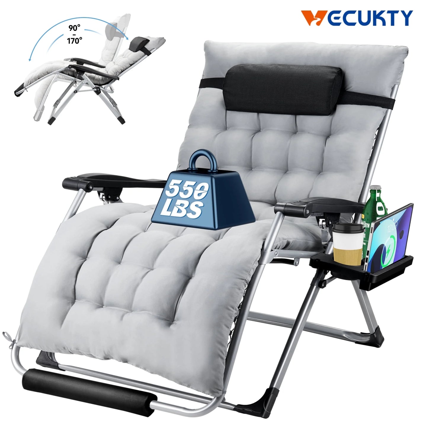 Zero Gravity Chair,VECUKTY Patio Lawn for Indoor and Outdoor Chairs ,550lbs Oversized XL 33IN Ergonomic Lounge Folding Reclining Chair,Gray