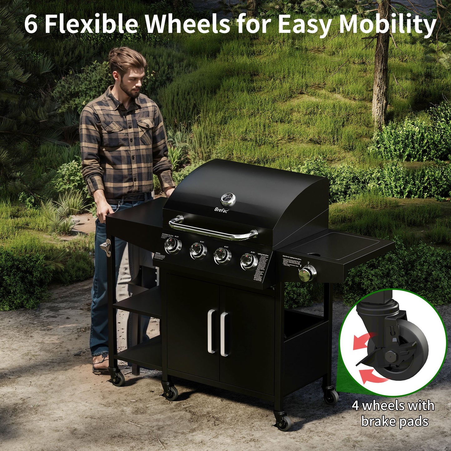 Brefac 4 Burner Propane Gas Grill with 3 Tier Shelf and Gas Valve
