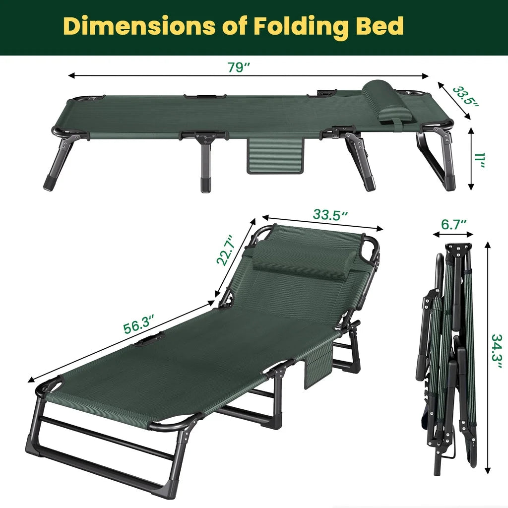 VECUKTY Foldable Camp Cot 500lb Capacity, 4-Position Reclining Lounge Chair with Pillow, Steel Frame & Oxford Fabric for Camping, Travel, Outdoor
