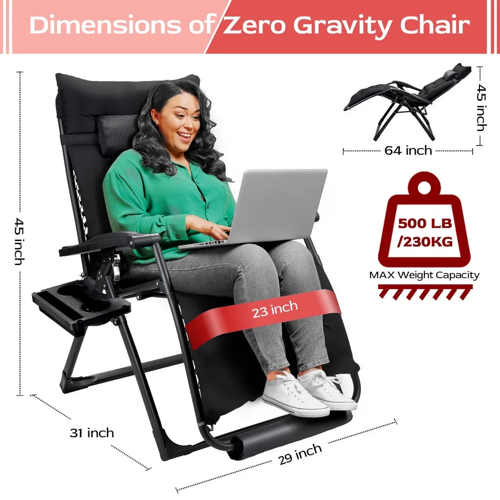 VECUKTY XXL Oversize Zero Gravity Chair - 500lb Capacity, 33-Inch Wide Padded Seat, Folding Travel Recliner for Outdoor / Indoor Use - Patio, Lawn, Black, Portable and Heavy Duty