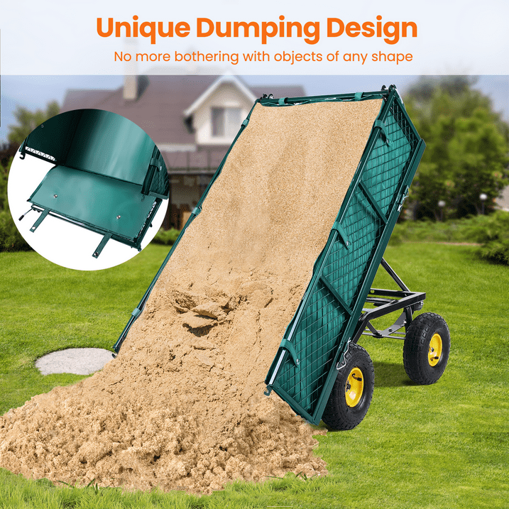 VECUKTY Heavy Duty Steel Dump Garden Cart with Liner, 900lbs Capacity Folding Utility Metal Wagon 3 Cu ft 10" Wheel, Green