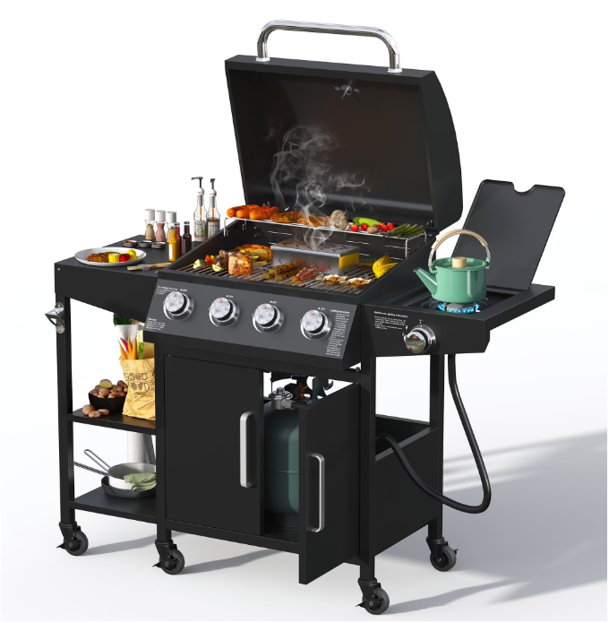 4 Burner Propane Gas Grill with 3 Tier Shelf, 50000 BTU Outdoor Cooking Stainless Steel BBQ Grills Cabinet,Can be Placed Smoke Box,Black
