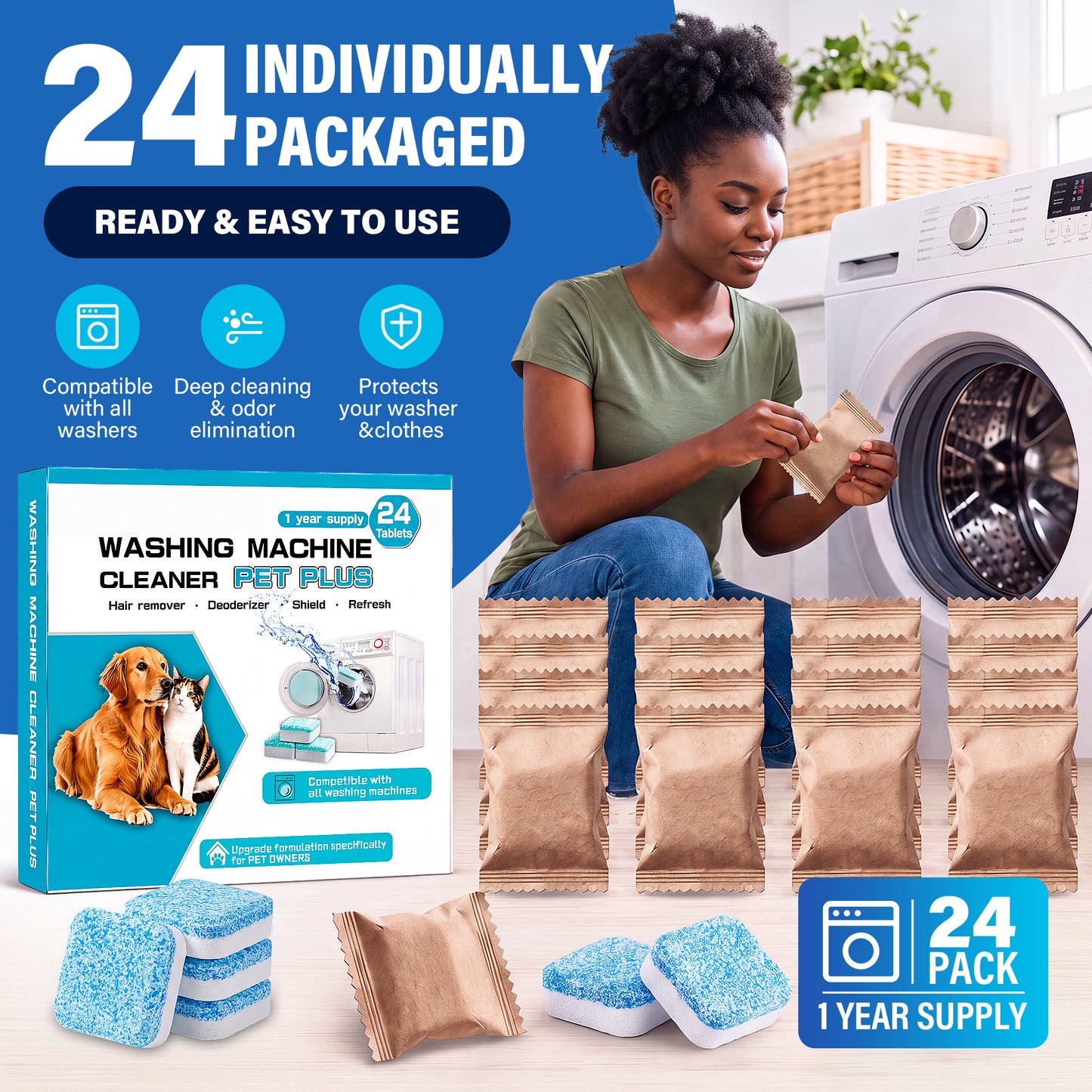 Washing Machine Cleaner Tablets 24 Pack, Washer Machine Cleaning Tablets for Pet Owners, Deep Washer Cleaner Tablets for HE Front and Top Loaders