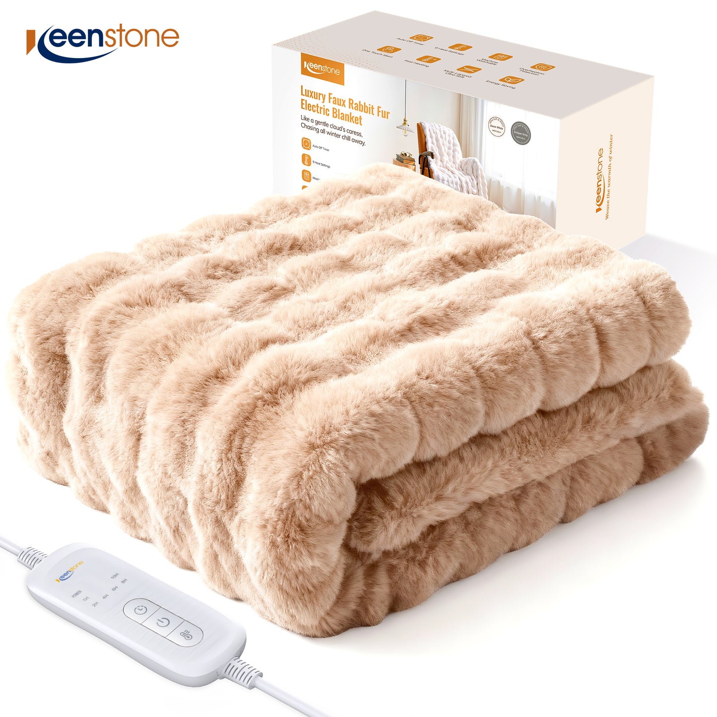 Keenstone Heated Blanket Electric Throw Blanket 50"x60",Machine Washable Fast Heating Blanket with 9 Heat Settings,6 Hours Auto Off,Flannel Faux Rabbit Fur Bubble Electric Blanket Brown