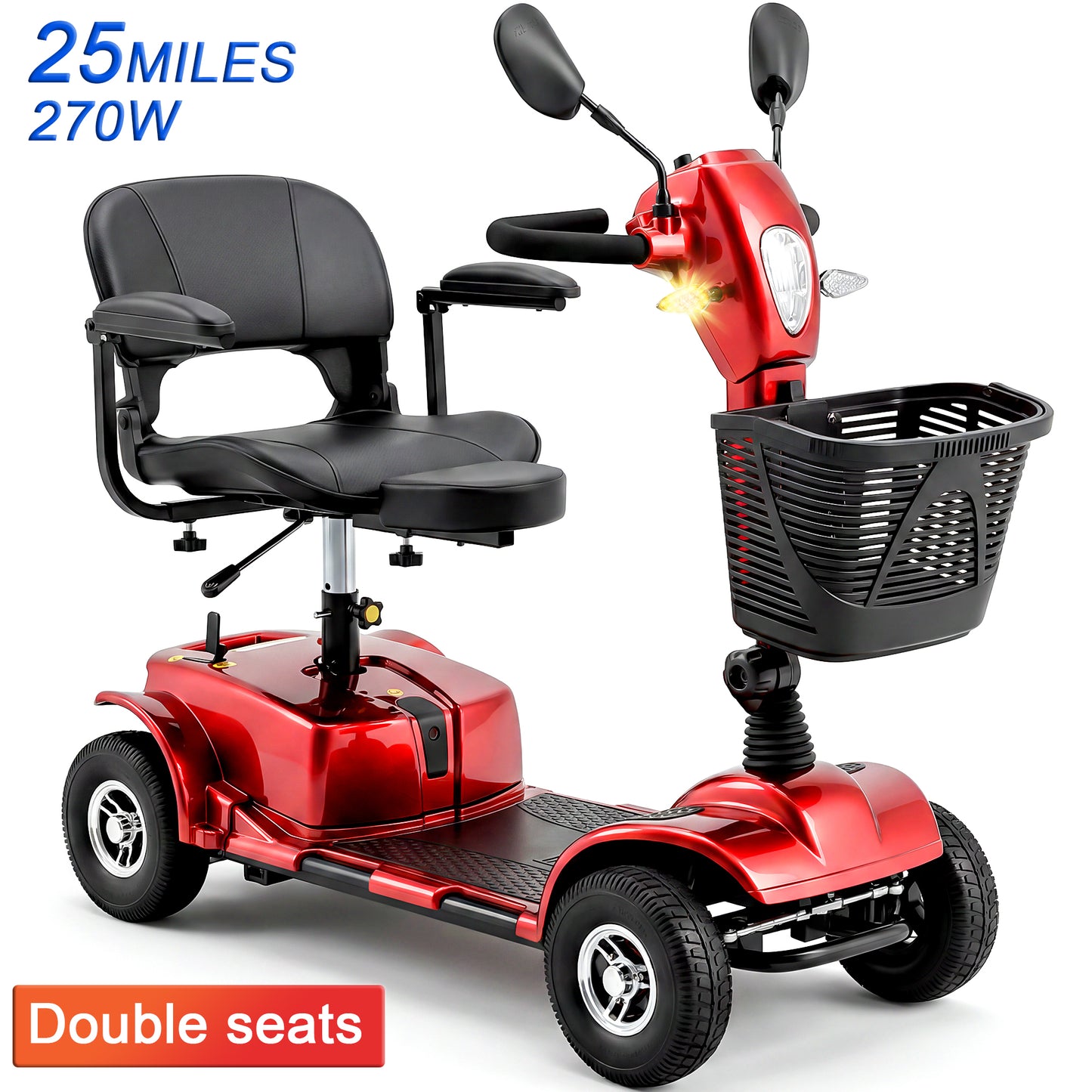 SACVON 4 Wheel Mobility Scooter for Seniors, 25 Miles Long Range Travel Powered Scooter with 330lbs Capacity, 270W Motor, 9" Anti-Explosion Tires, Extended Comfort Swivel Seat, Red