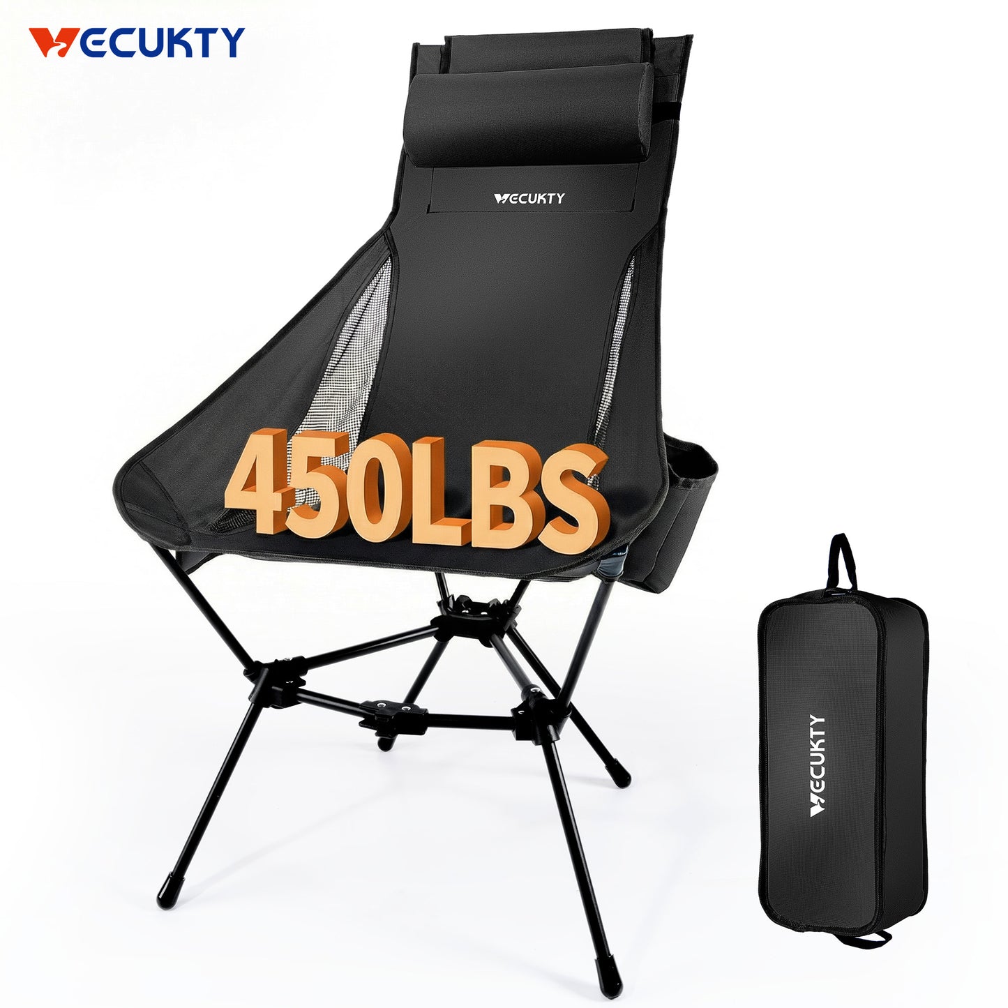 Triangle Frame High Back Folding Camping Chair, Portable Moon Chair with Enhanced Stability, Includes Carry Bag, Black