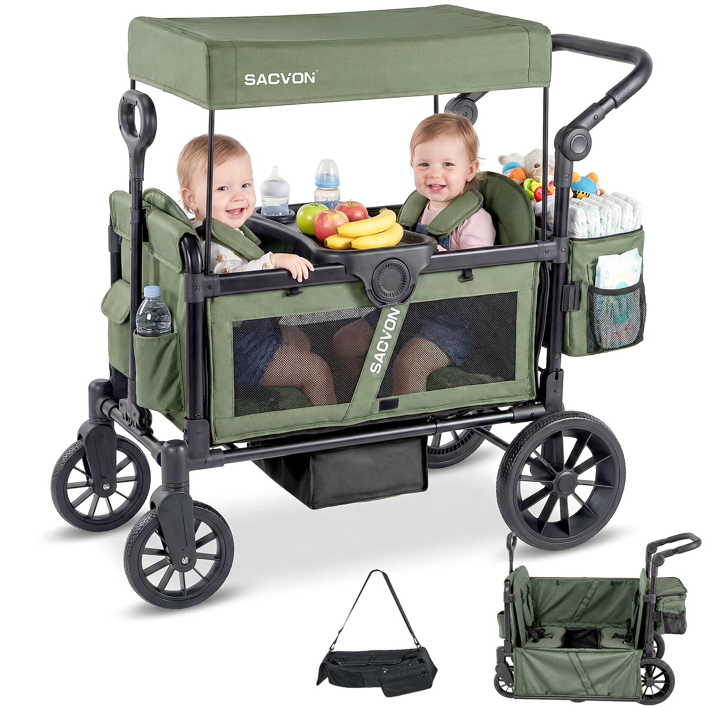 SACVON 2-Seater Stroller Wagon with Side Entry, Canopy & Snack Tray, Includes Removable Storage Bag That Converts to a Backpack-Black