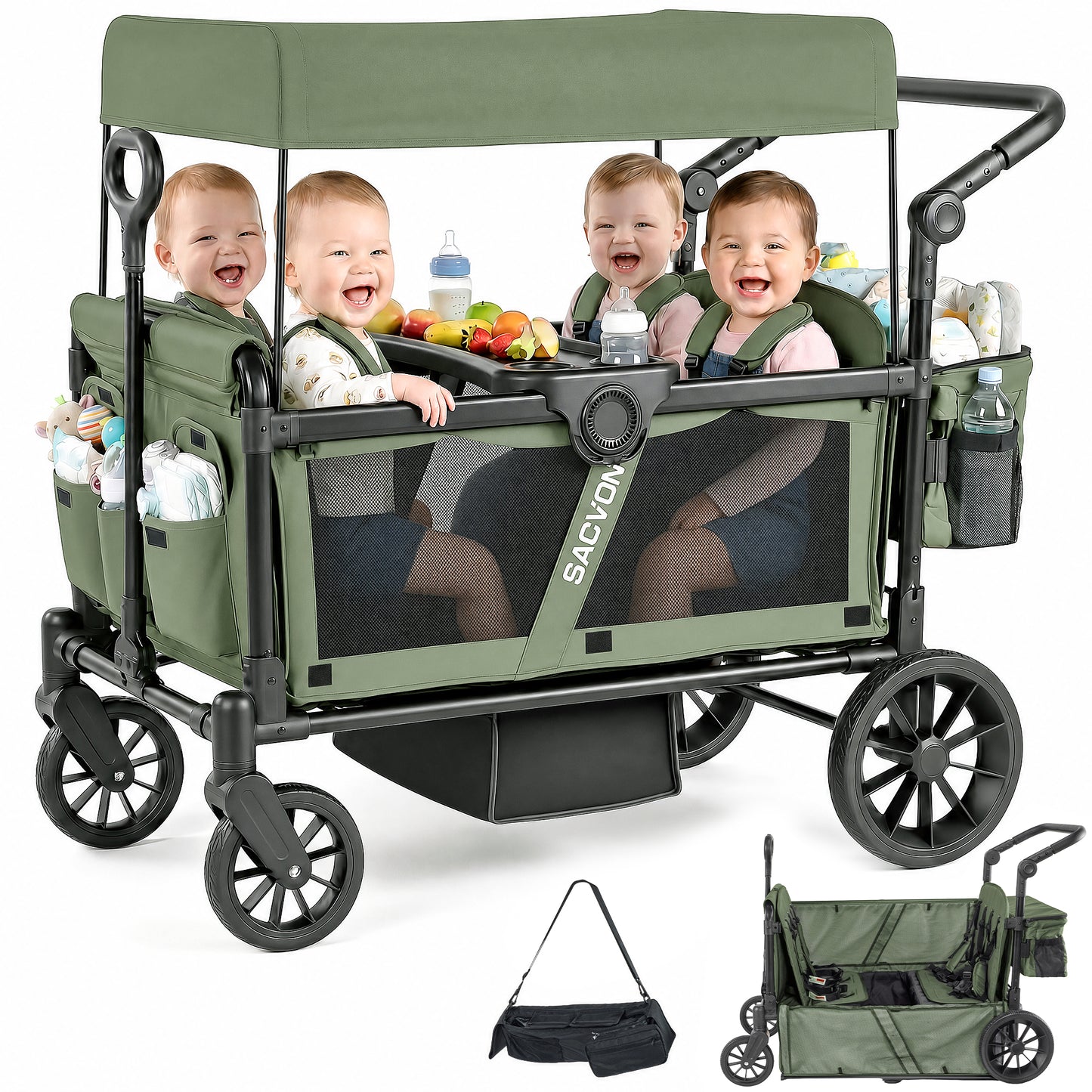 SACVON 4-Seater Stroller Wagon with Side Entry, Canopy & Snack Tray, Includes Detachable Storage Bag That Converts to a Backpack– Olive Green