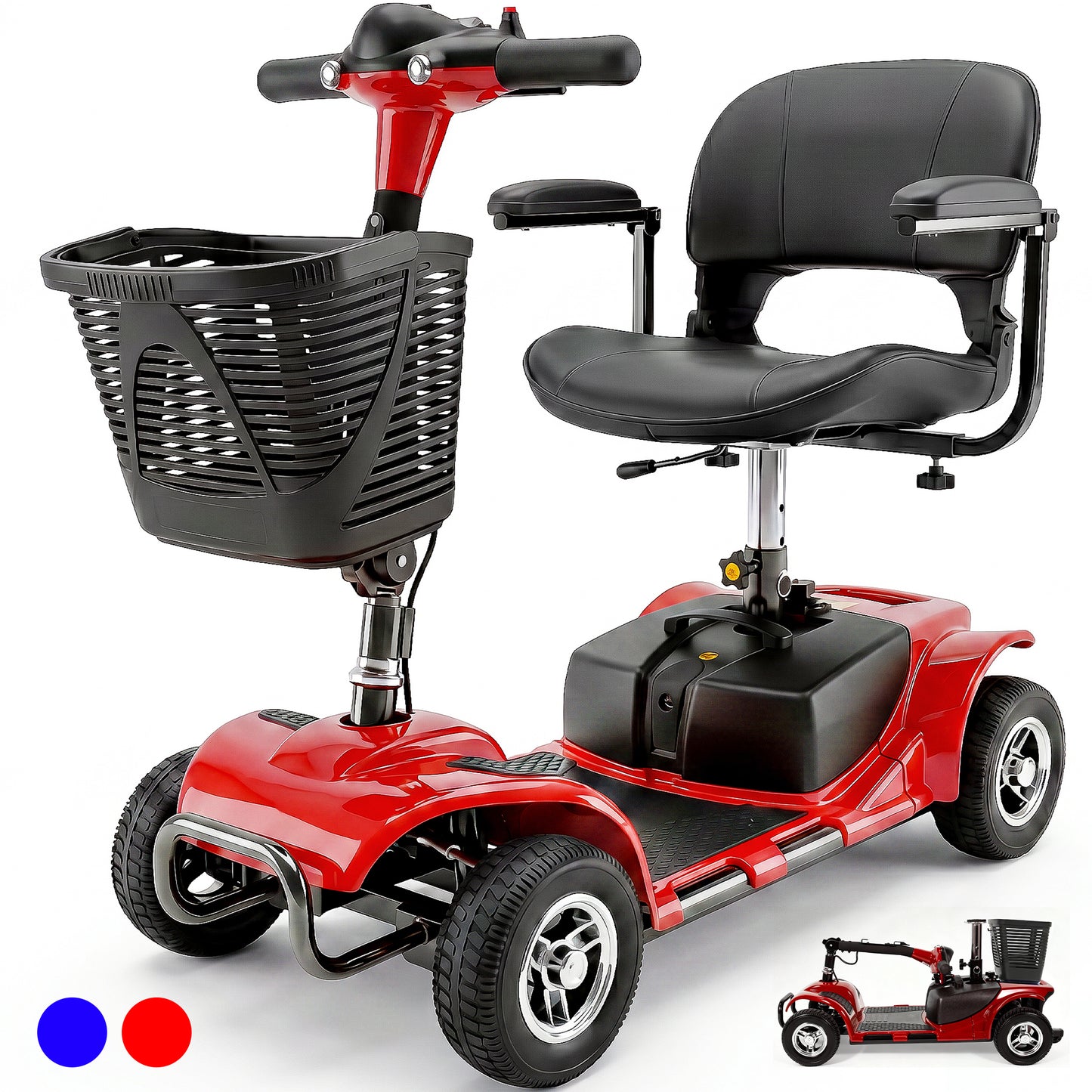 SACVON 4 Wheel Mobility Scooter for Seniors, 330 lbs Heavy Duty Electric Powered Scooter with 15 Miles Long Range, Swivel Seat & Removable Basket for Travel and Grocery Shopping, Red
