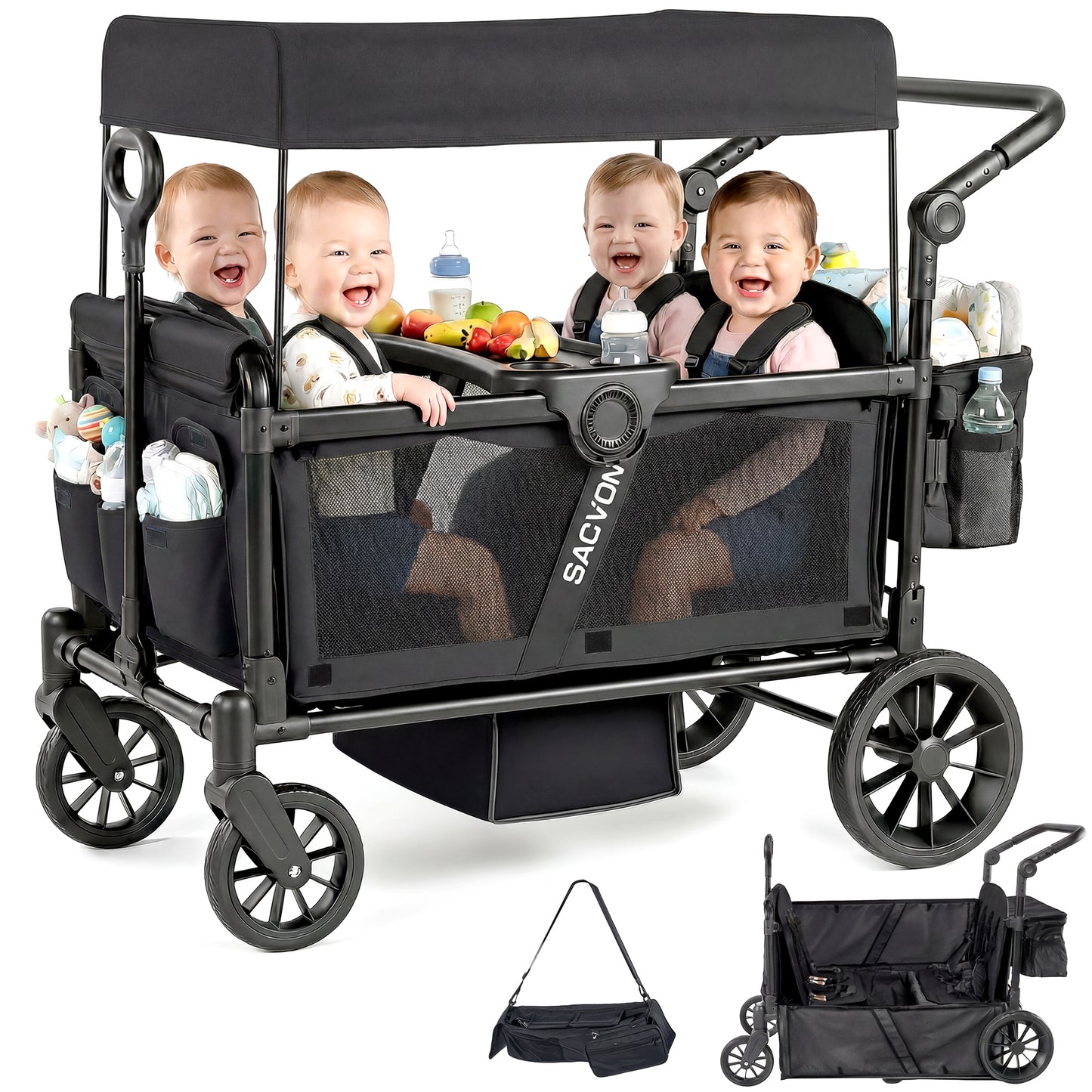 SACVON 4-Seater Stroller Wagon with Side Entry, Canopy & Snack Tray, Includes Detachable Storage Bag That Converts to a Backpack–Black