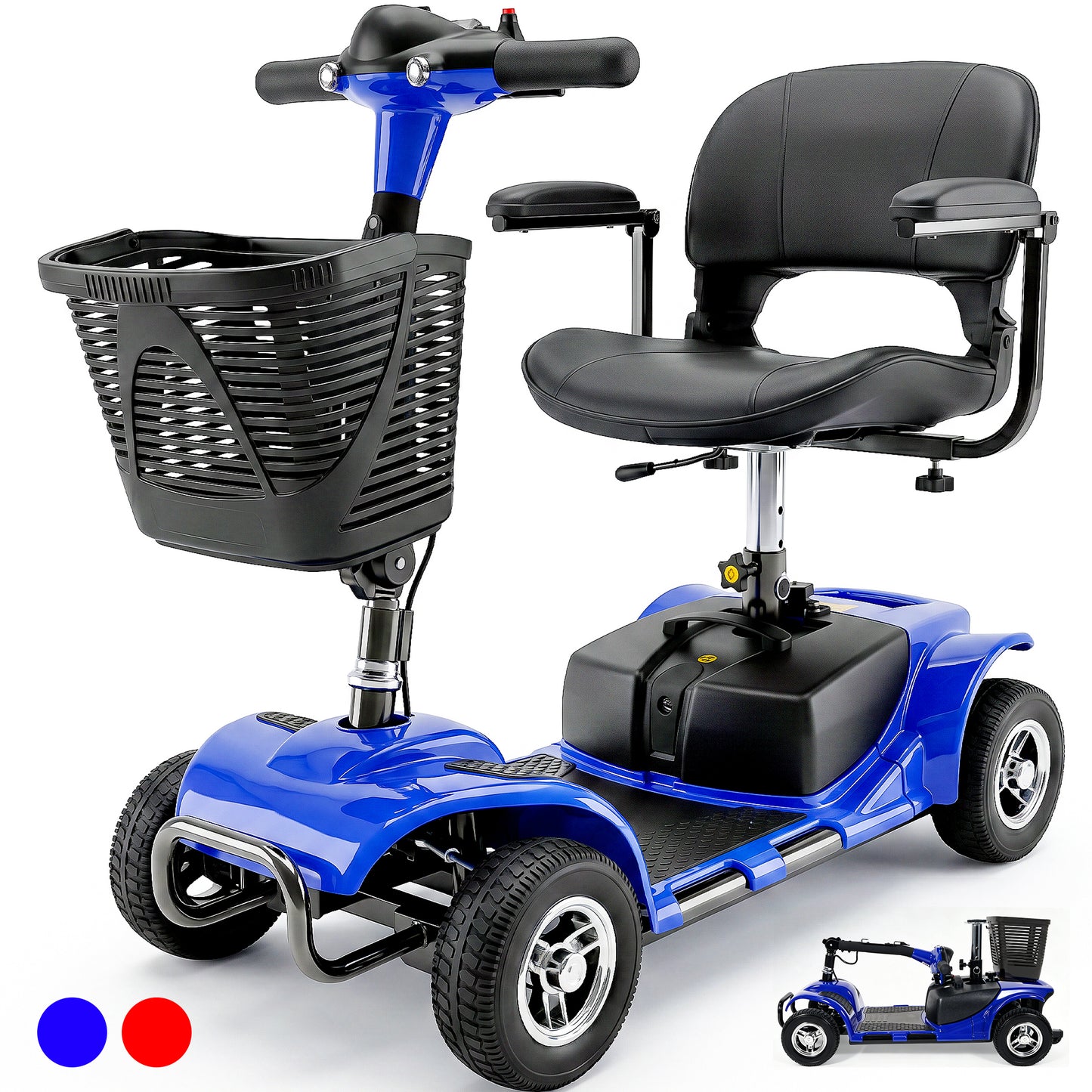SACVON 4 Wheel Mobility Scooter for Seniors, 330 lbs Heavy Duty Electric Powered Scooter with 15 Miles Long Range, Swivel Seat & Removable Basket for Travel and Grocery Shopping, Blue
