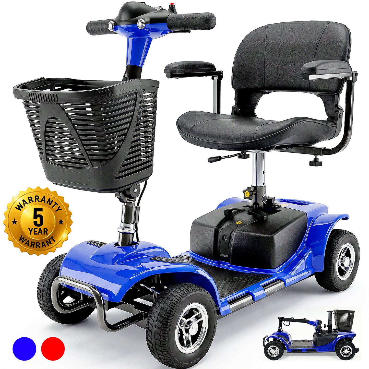 SACVON 4 Wheel Mobility Scooter for Seniors, 330 lbs Heavy Duty Electric Powered Scooter with 15 Miles Long Range, Swivel Seat & Removable Basket for Travel and Grocery Shopping, Blue