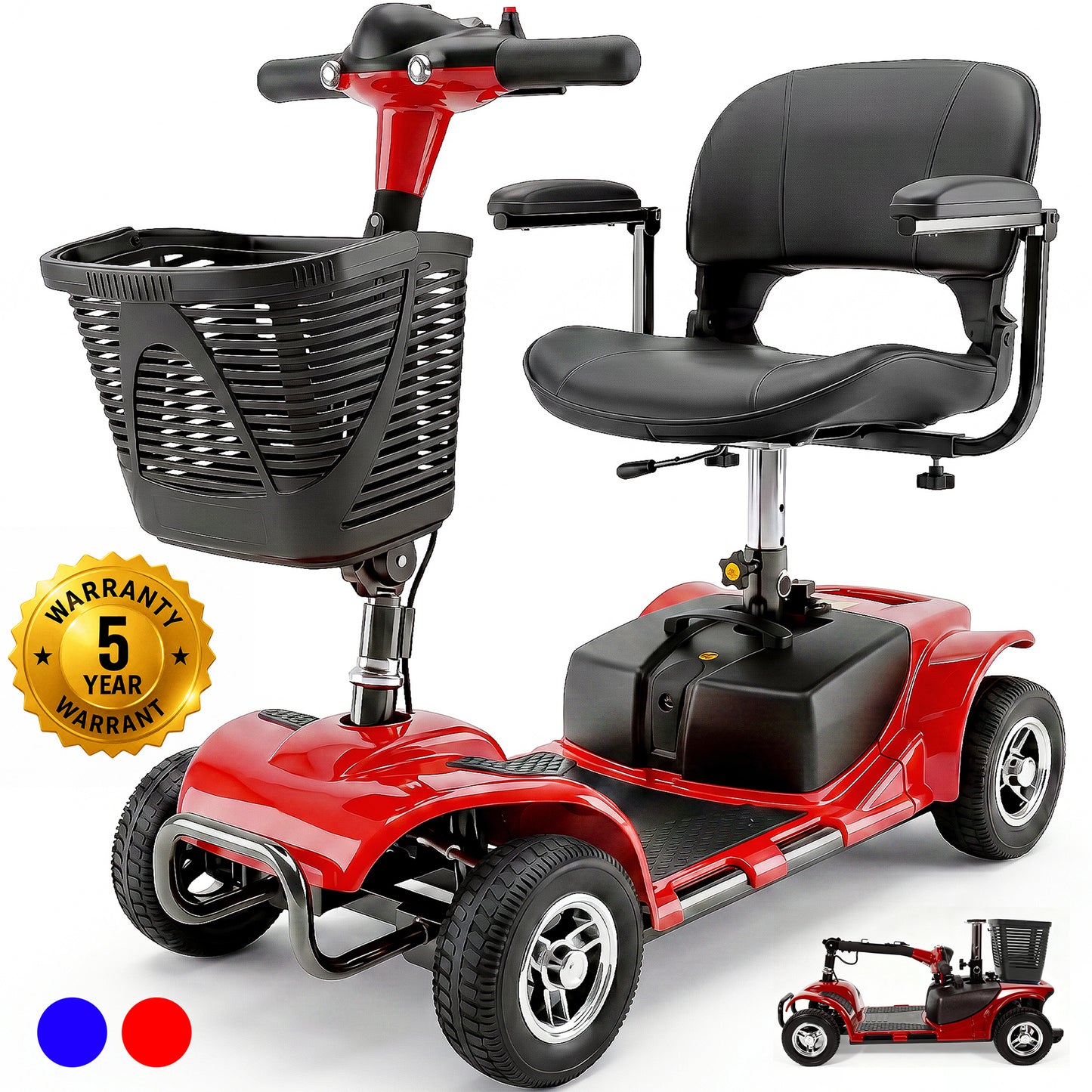 SACVON 4 Wheel Mobility Scooter for Seniors, 330 lbs Heavy Duty Electric Powered Scooter with 15 Miles Long Range, Swivel Seat & Removable Basket for Travel and Grocery Shopping, Red