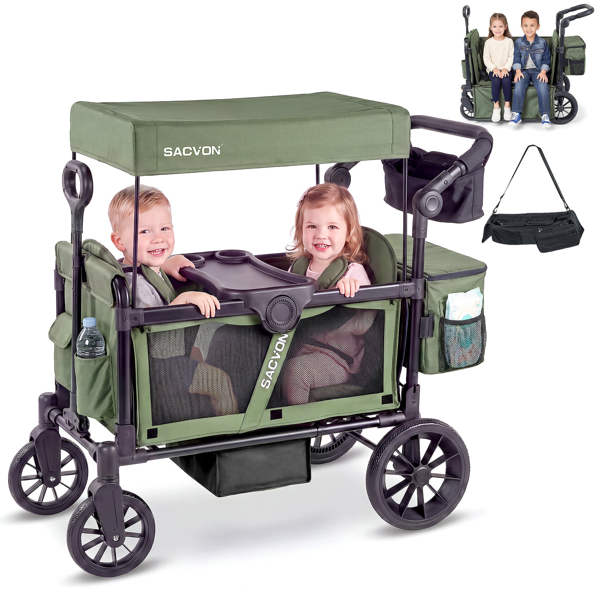 SACVON 2-Seater Stroller Wagon with Side Entry, Canopy & Snack Tray, Includes Removable Storage Bag That Converts to a Backpack-Olive Green
