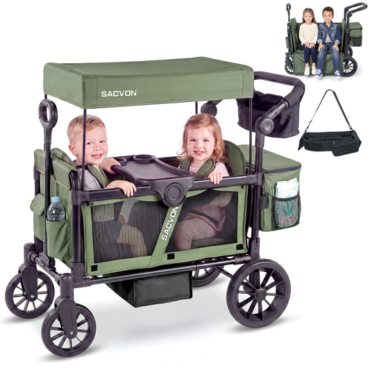 SACVON 2-Seater Stroller Wagon with Side Entry, Canopy & Snack Tray, Includes Removable Storage Bag That Converts to a Backpack-Olive Green