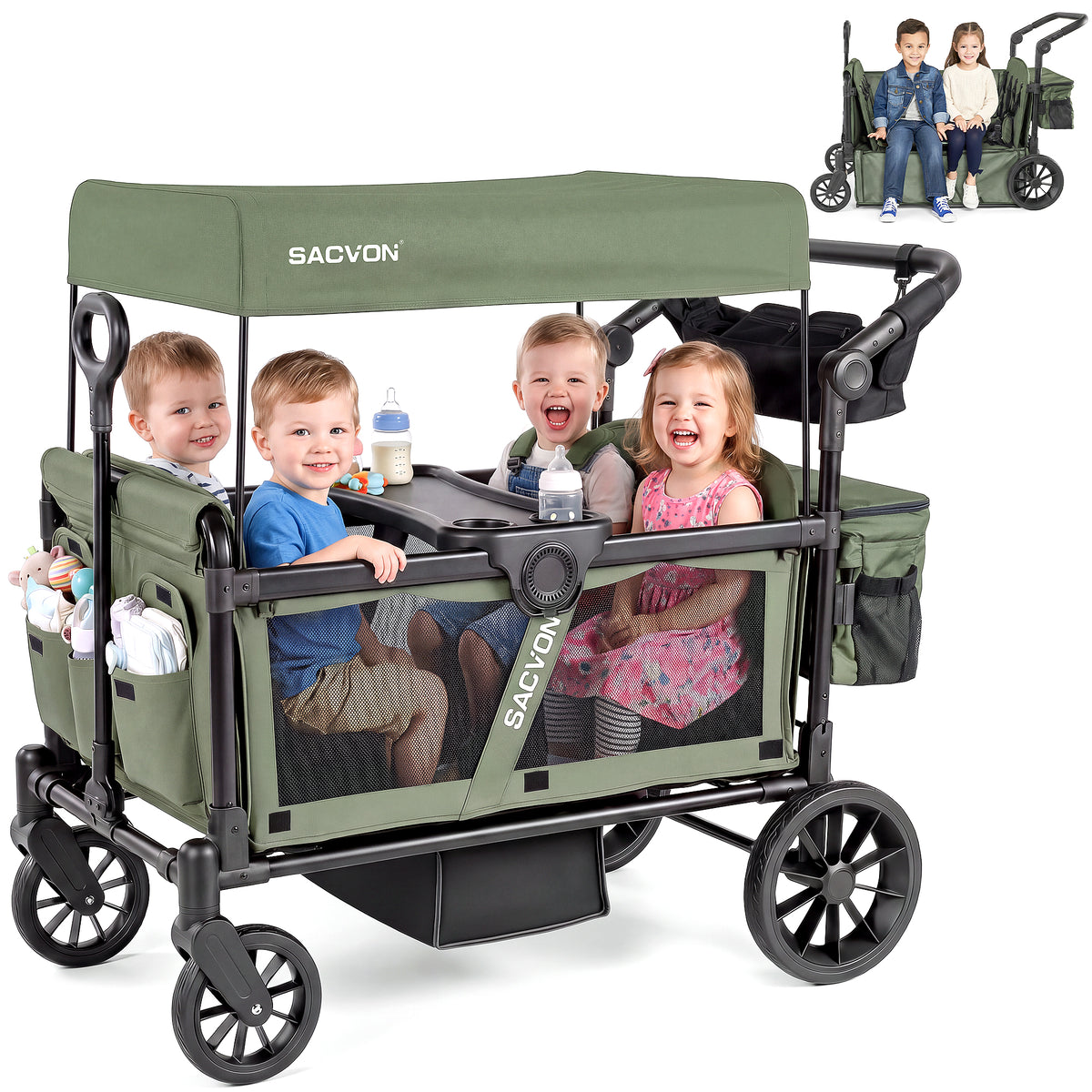 SACVON 4-Seater Stroller Wagon with Side Entry, Canopy & Snack Tray, Includes Detachable Storage Bag That Converts to a Backpack– Olive Green
