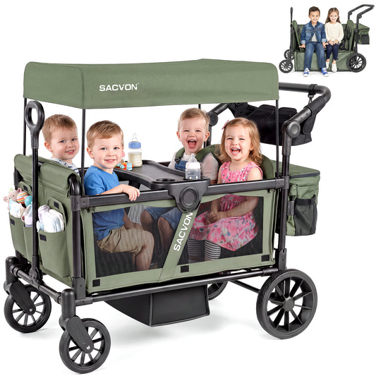 SACVON 4-Seater Stroller Wagon with Side Entry, Canopy & Snack Tray, Includes Detachable Storage Bag That Converts to a Backpack– Olive Green