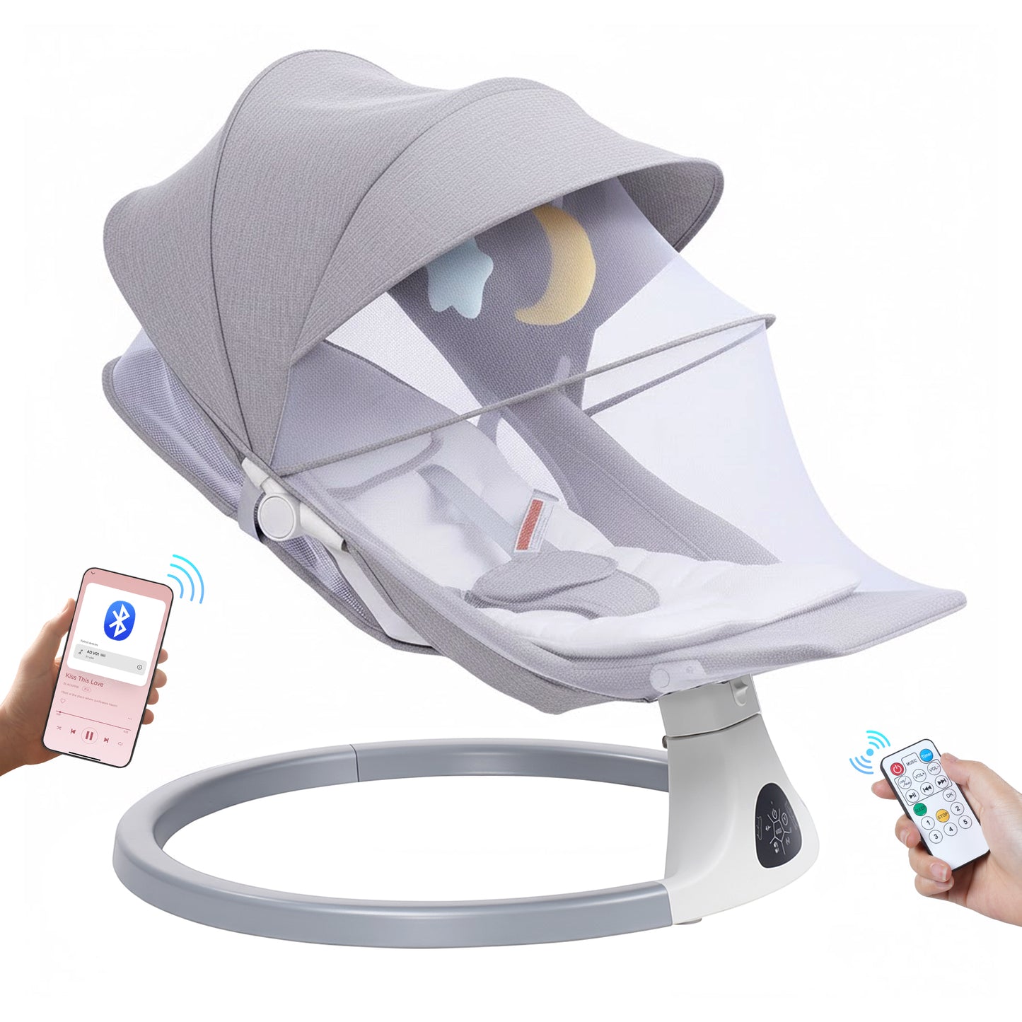 SACVON Portable Baby Swing, 5 Speed & Bluetooth Music, with Remote Control for Indoor Outdoor Use, for Infants 0-6 Months, Gray