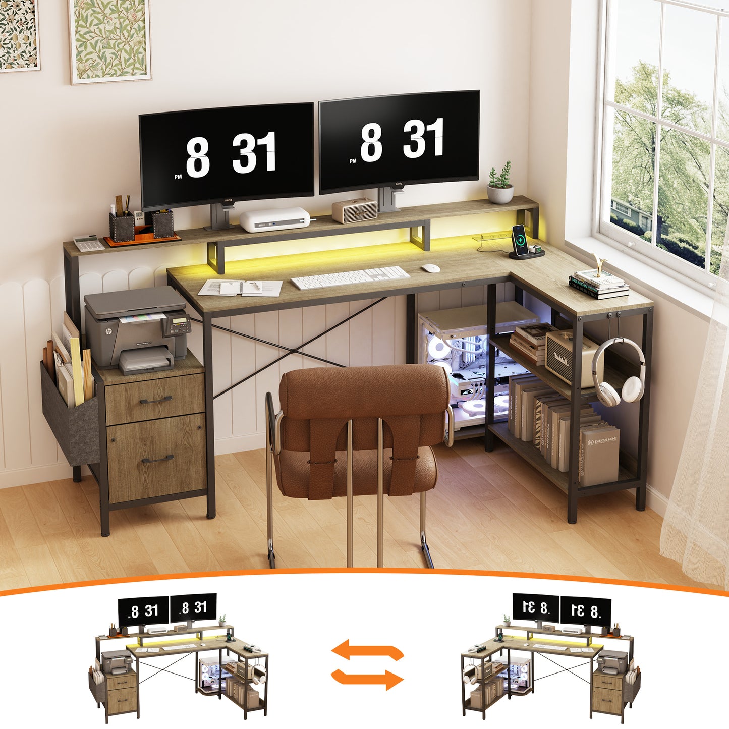 71.5 inch Computer Desk with Power Outlets, L Shaped LED Home Office Desk with Long Monitor Stand, Large Corner Desk with Storage Shelf, Cup Holder & Headset Hooks, Modern Simple Table