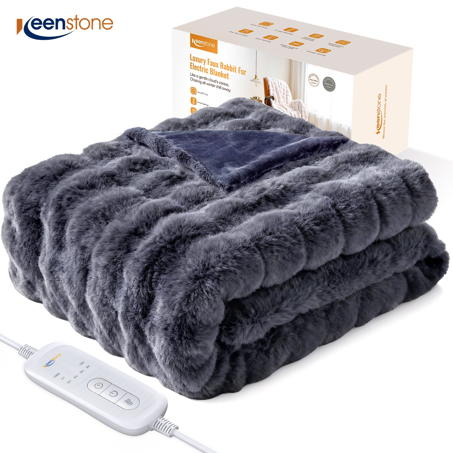 Keenstone Heated Blanket Electric Throw Blanket 50"x60",Machine Washable Fast Heating Blanket with 9 Heat Settings,6 Hours Auto Off,Flannel Faux Rabbit Fur Bubble Electric Blanket Gray