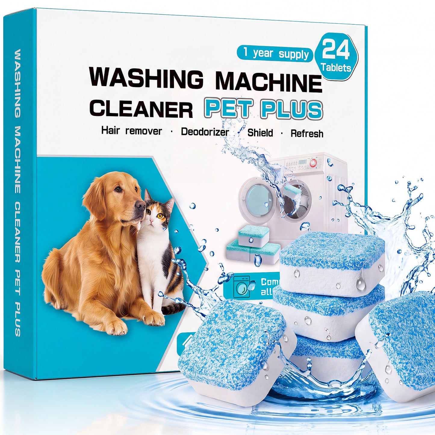 Washing Machine Cleaner Tablets 24 Pack, Washer Machine Cleaning Tablets for Pet Owners, Deep Washer Cleaner Tablets for HE Front and Top Loaders